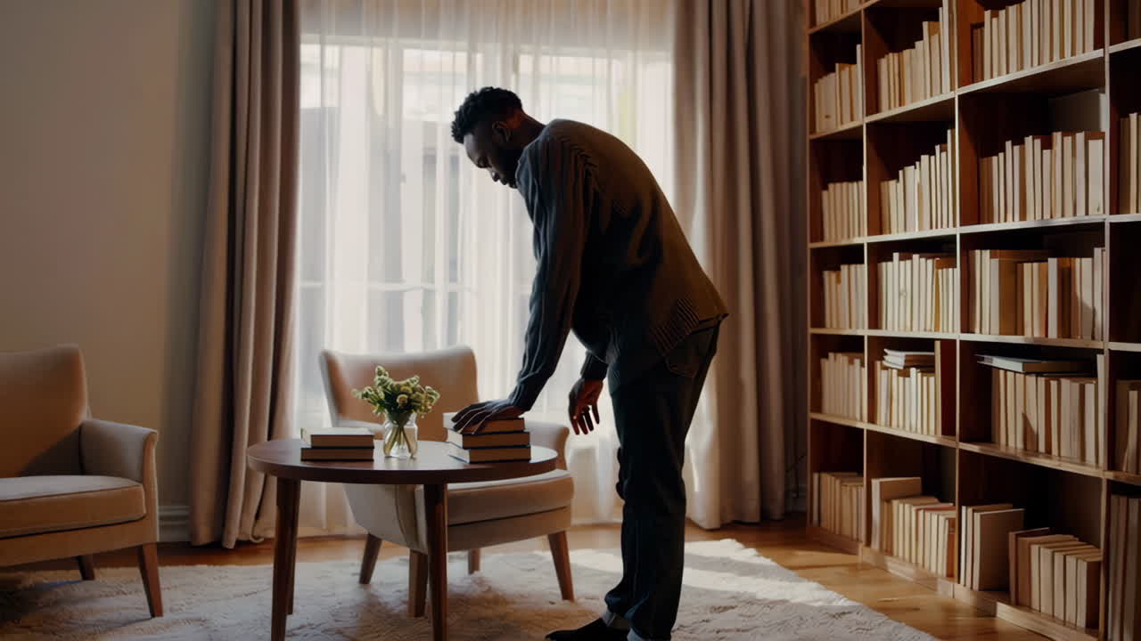 Man ordnar böcker i ett hemmabibliotek