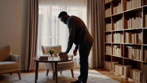 man arranging books in a home library