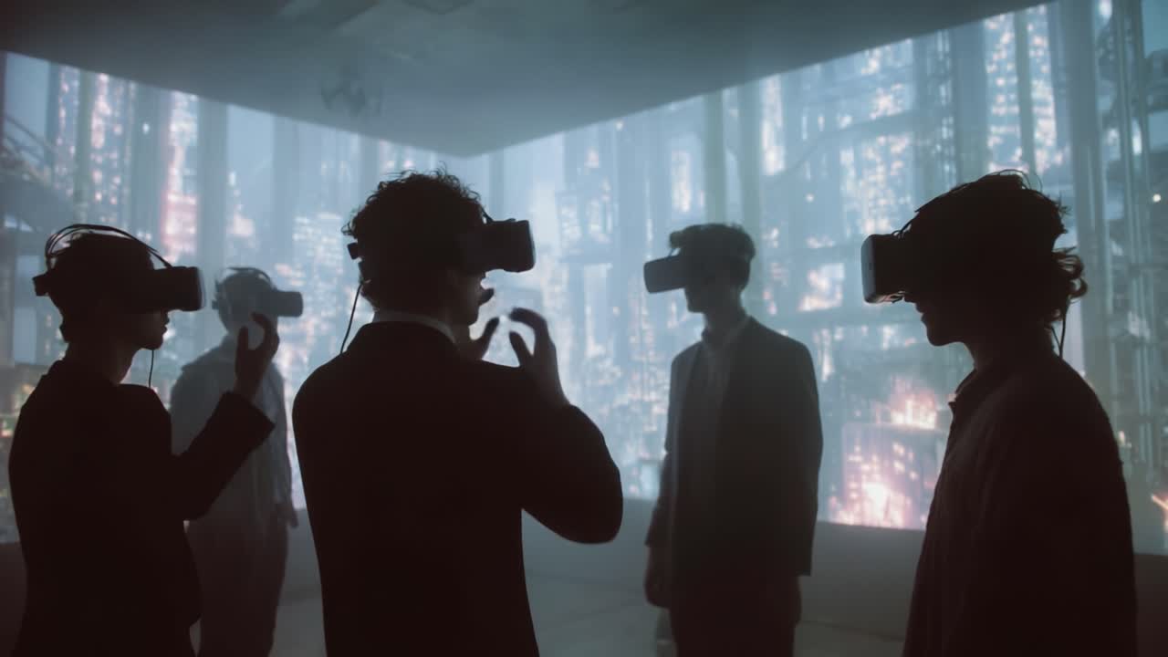 A Group of Individuals Engaged in Virtual Reality Exploration, Experiencing Immersive Digital Landscapes Together in a Modern Setting