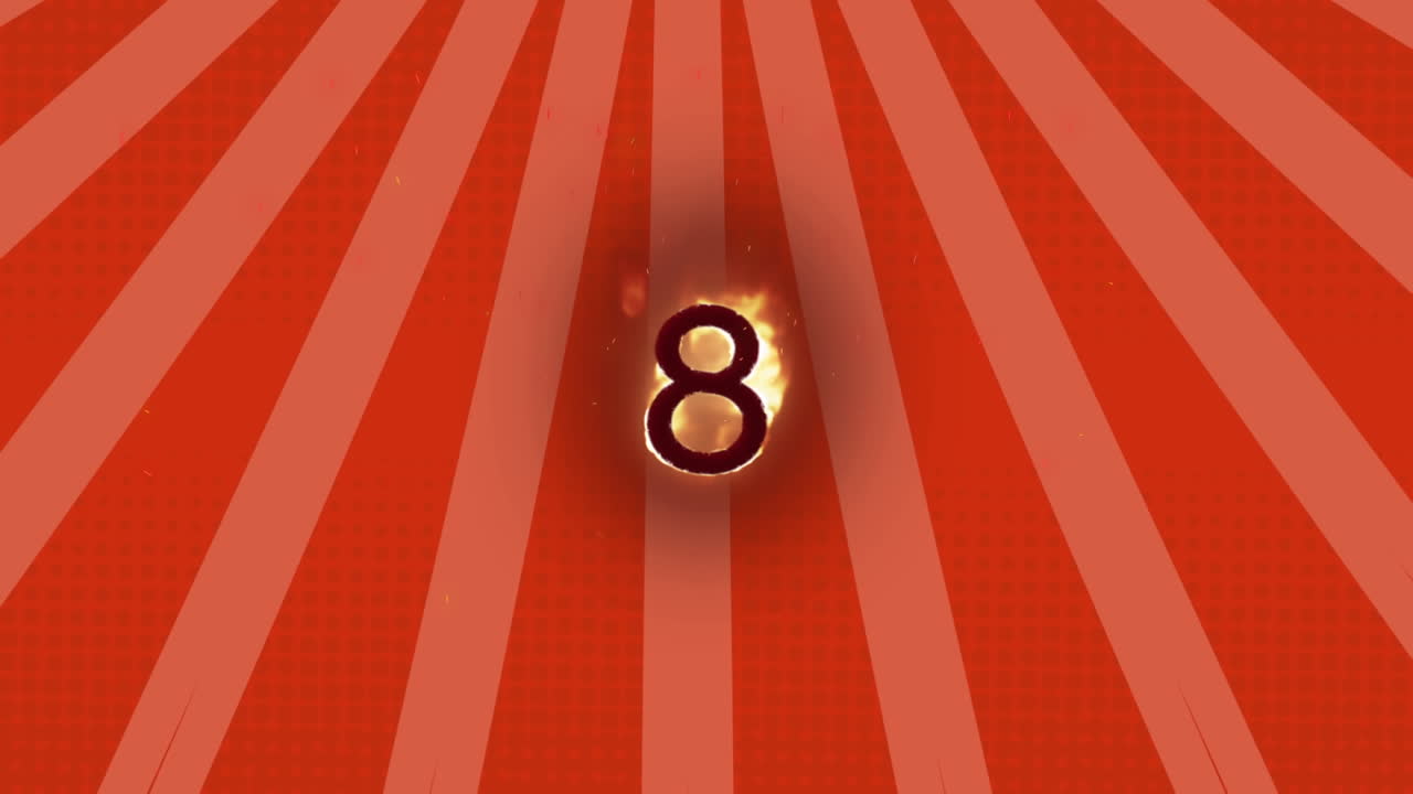 Digital animation of flame effect over number eight against radial rays on red background