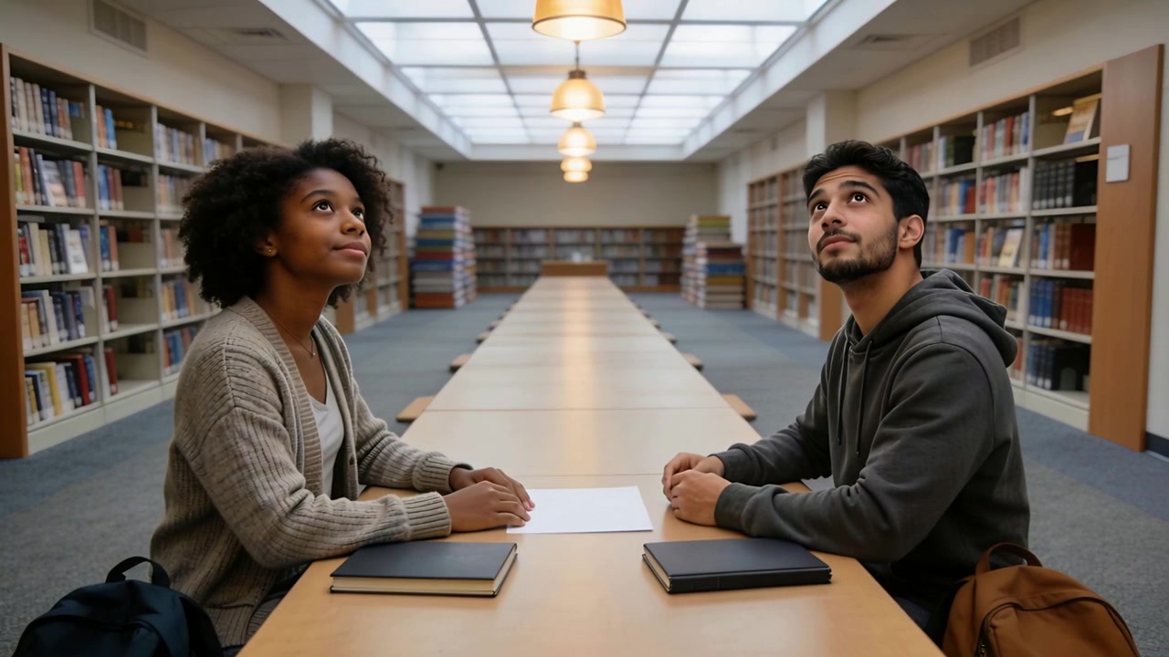 Hearing sound, two students in cardigan, hoodie turning at library table, dropping paper