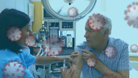 animación de células de covid con una doctora dando vacunación a un hombre mayor