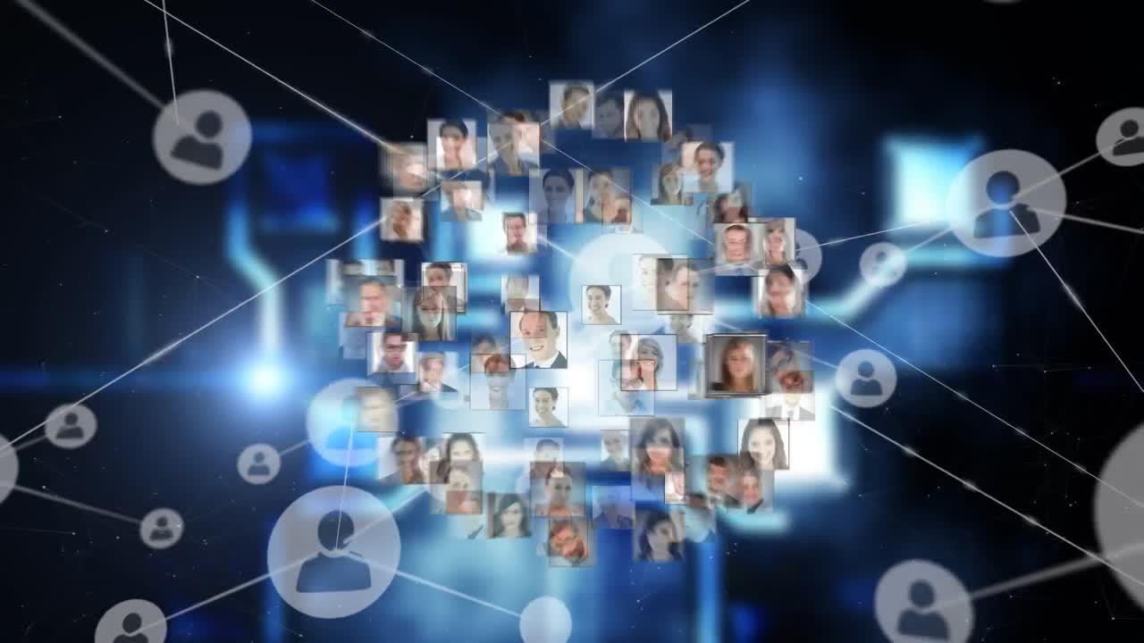 animación de fotos de diversos hombres y mujeres empresarios que giran sobre los iconos de las redes sociales
