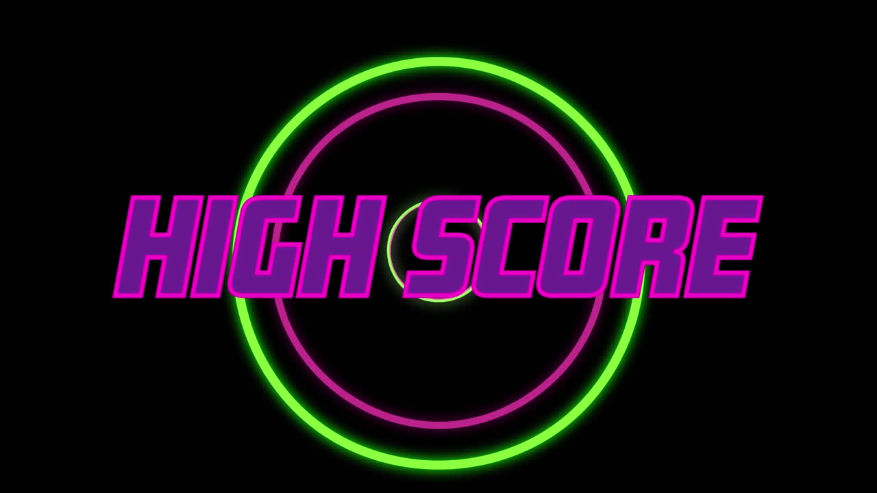 Animation of high score text over colorful shapes on black background