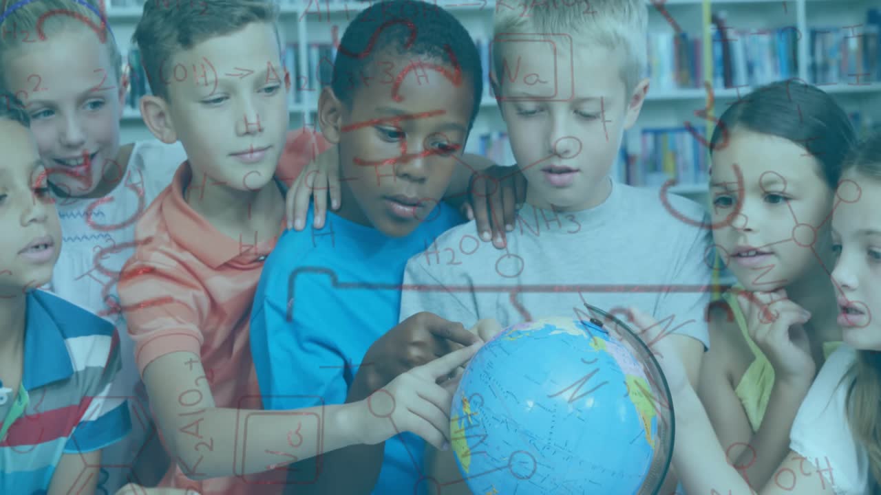 Children leaning over globe in library starting chemical formulas around group learning geography