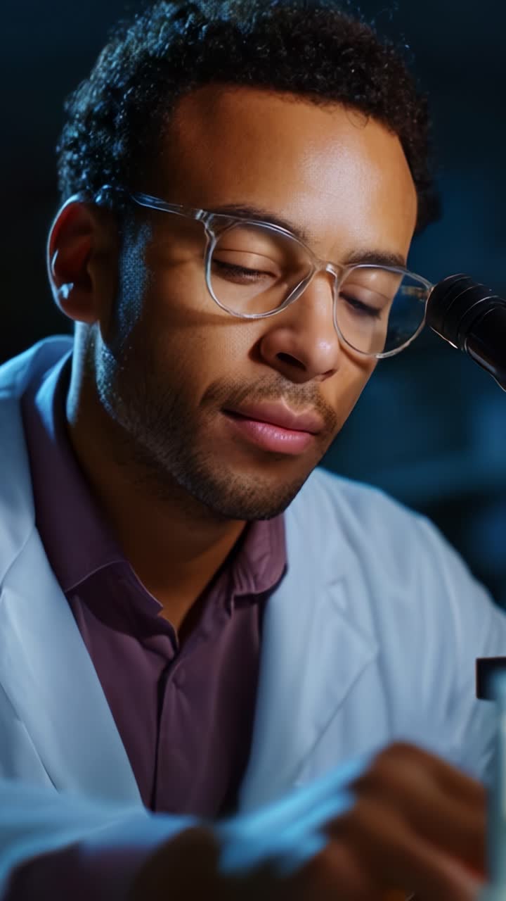Scienziato concentrato che analizza campioni al microscopio in un laboratorio, a dimostrazione di dedizione e precisione nella ricerca e nella scoperta scientifica
