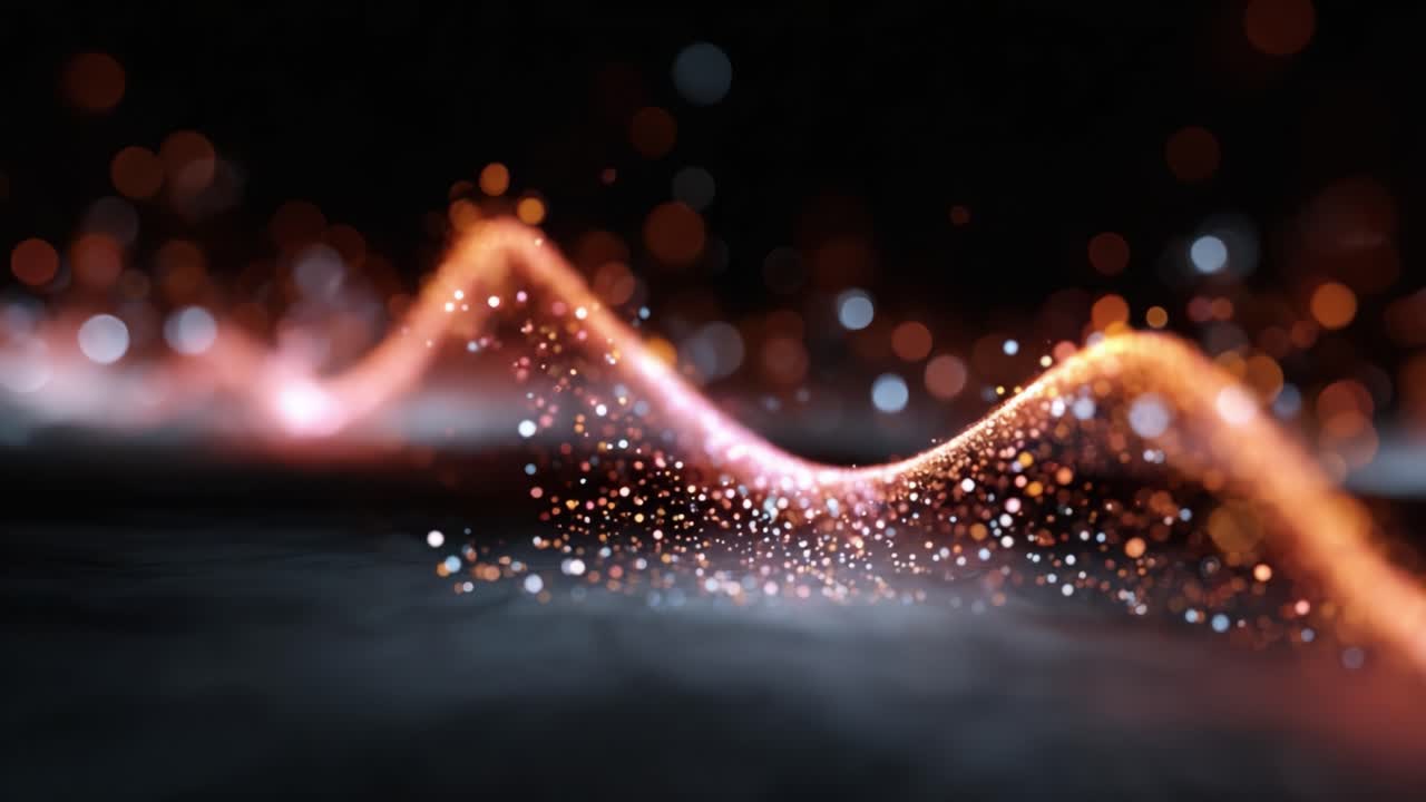 Visualizzazione astratta e accattivante di onde luminose fluide con particelle scintillanti in un ambiente scuro che creano un'atmosfera dinamica e ipnotica