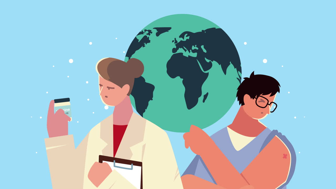 doctora con un vial de vacuna y paciente en el planeta tierra.