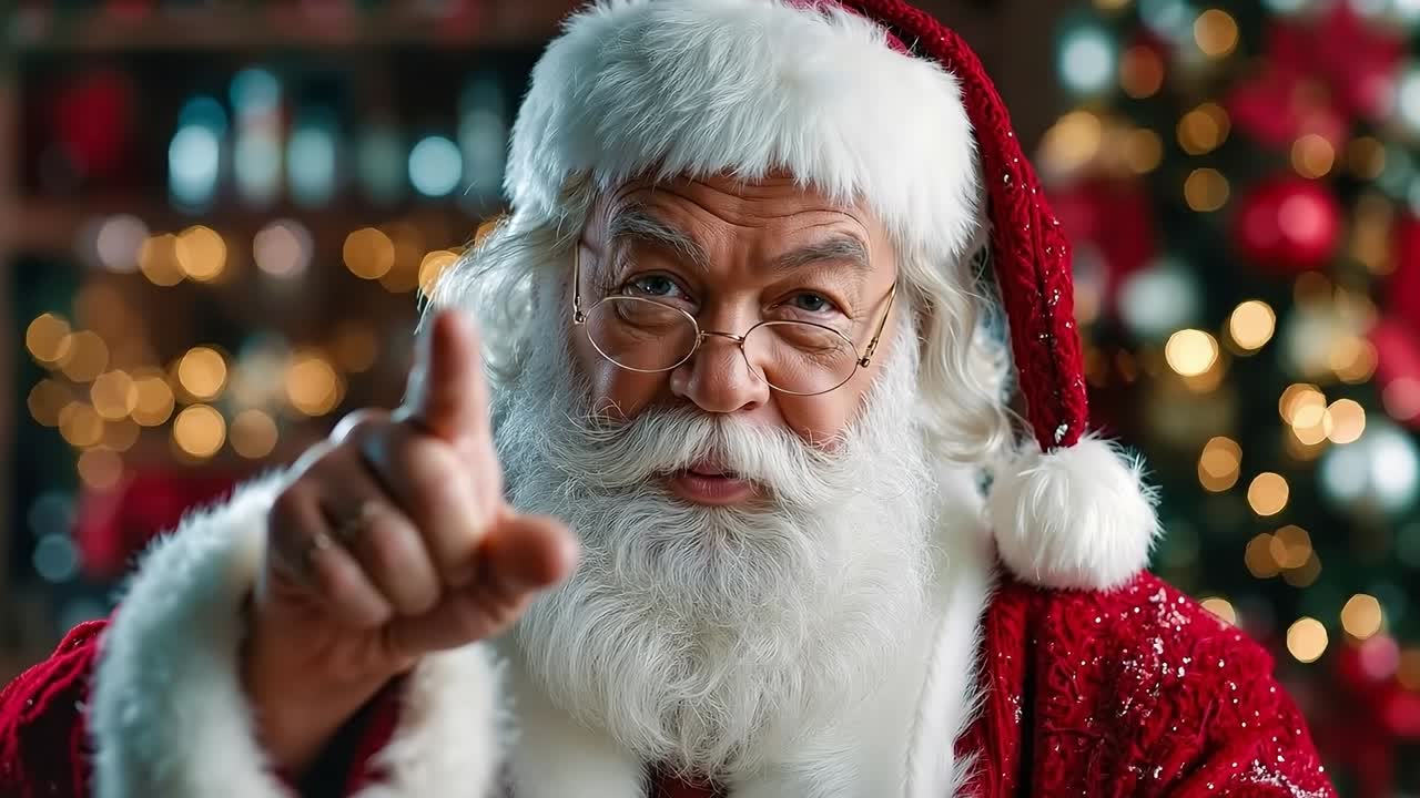 A man dressed as Santa Claus pointing at the camera