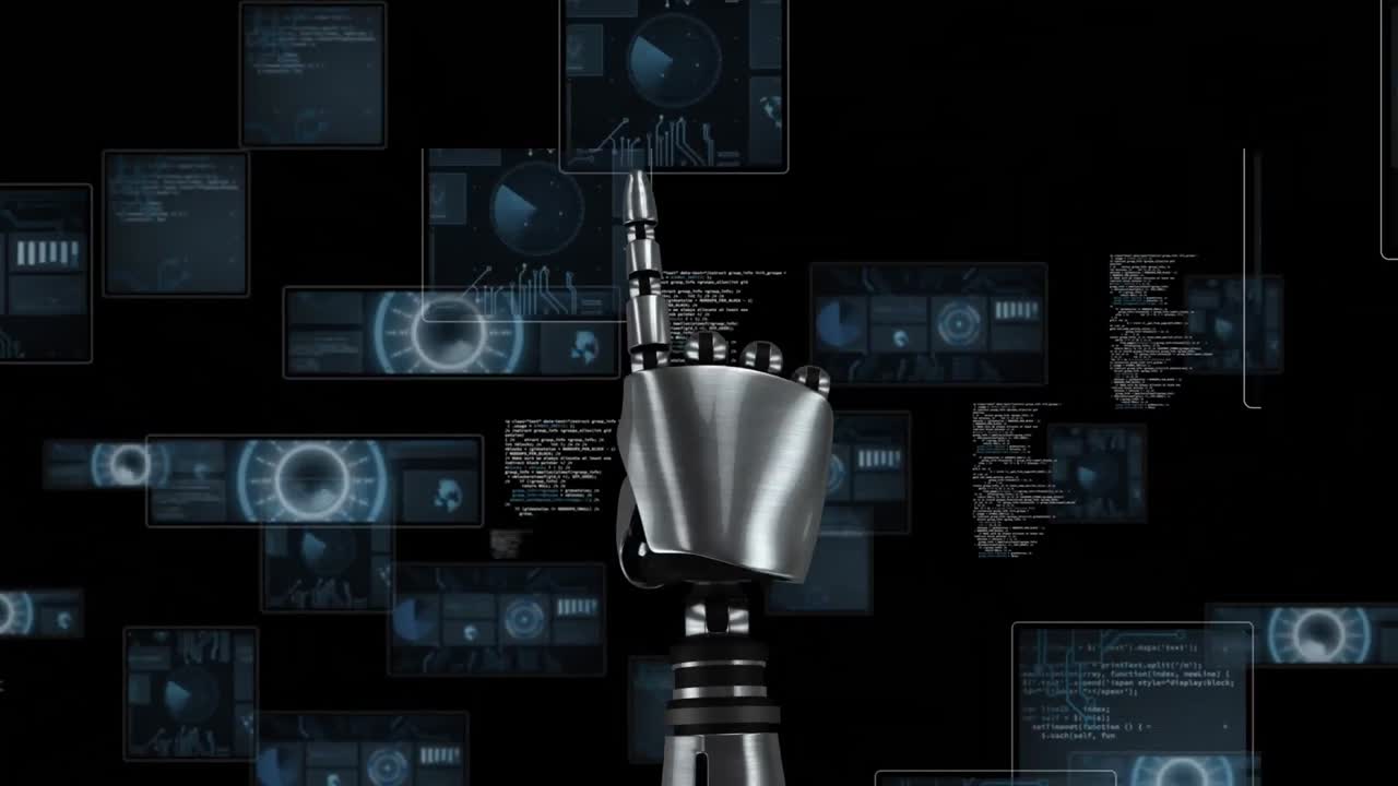 animación de la mano de los robots, escaneado de visores y procesamiento de datos sobre pantallas con fondo oscuro