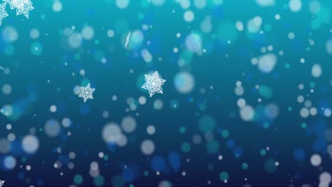 Animation-of-snow-falling-and-light-spots-on-blue-background