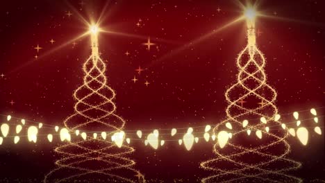 animation of christmas trees, fairy lights and snow falling on red background