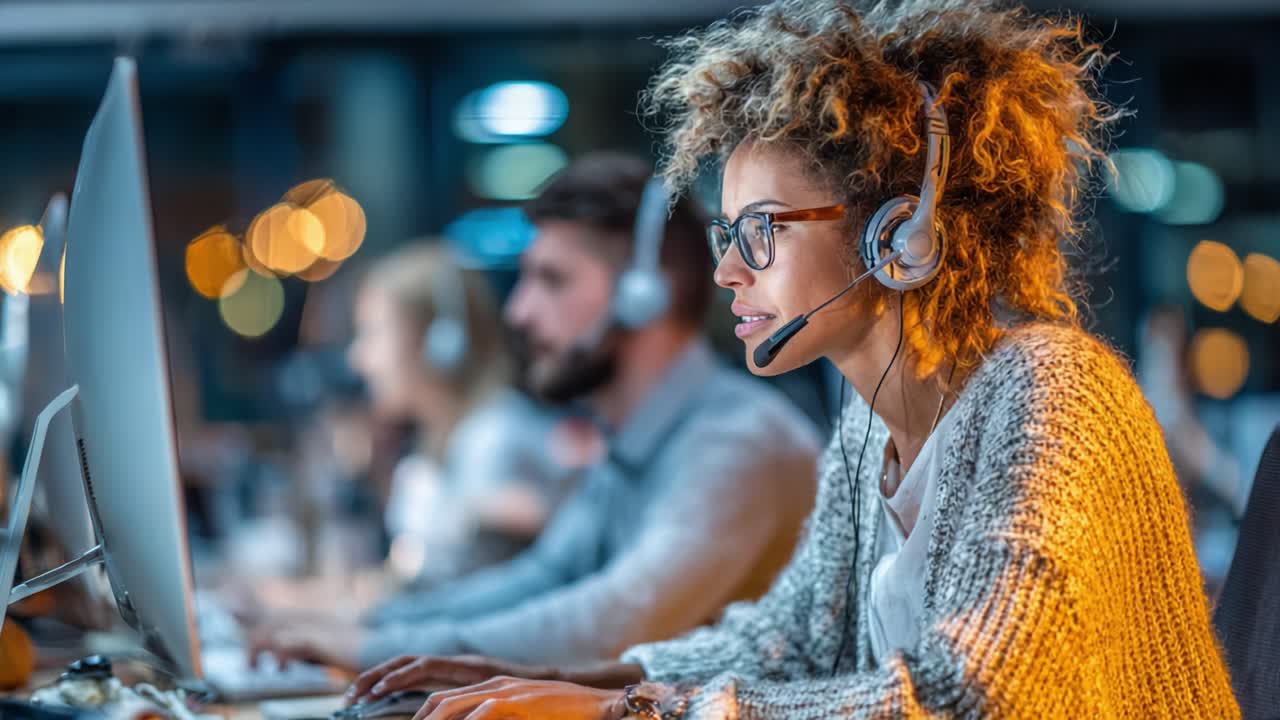 Intense Focus in a Modern Call Center: A Scene of Professionals Engaged in Customer Support with Headsets and Monitors in an Innovative Workplace Environment
