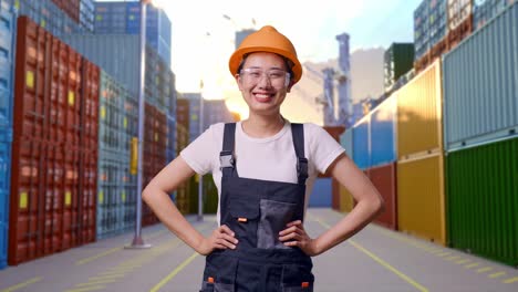 trabajadora asiática con gafas y casco de seguridad de pie con los brazos akimbo mirando a la cámara y sonriendo en el almacén del patio de contenedores