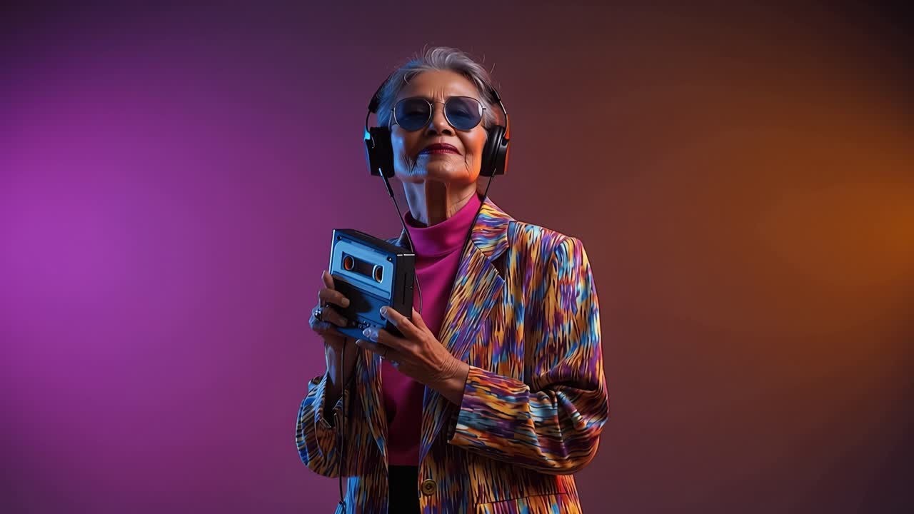 Donna Elegante con Lettore di Cassette Vintage: Esibisce un'Estetica Retrò nella Cultura Musicale e nella Moda con Cuffie e Abbigliamento Colorato Sotto un'Illuminazione Drammatica