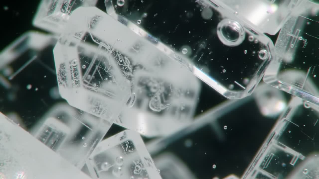 Close-Up of Crystal-Like Structures in Liquid, Showcasing Their Intricate Details and Bubbles as Light Reflects, Creating a Mesmerizing Visual Experience