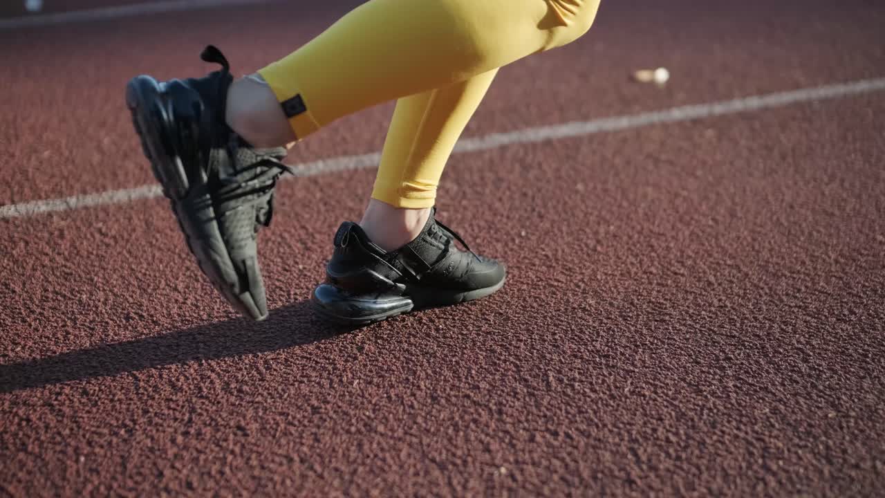 atleta femenina corriendo en pista al aire libre con ropa deportiva