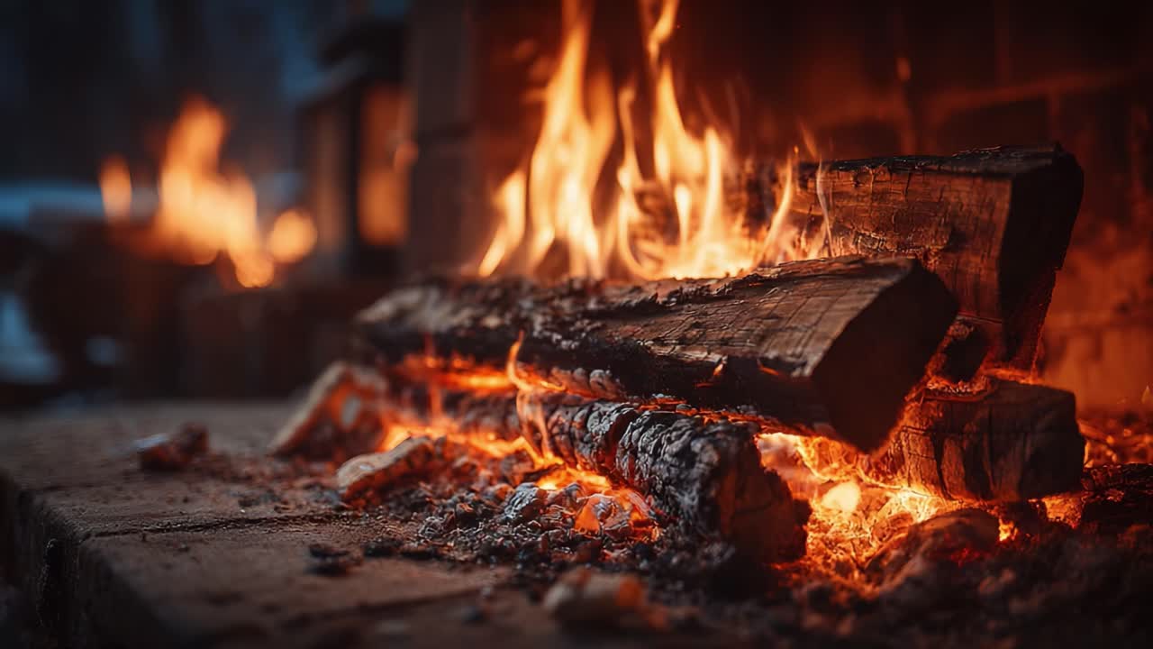 Captivating Flames and Glowing Embers: A Cozy Fireplace Scene with Logs Cracking and Burning, Emitting Warmth and Comfort in a Winter Setting