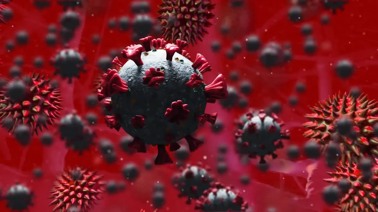 Animation of covid 19 cells floating over red background