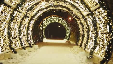 colorful glowing round arch tunnel in the park. christmas and new year's eve. winter evening. iridescent lights. 4k video