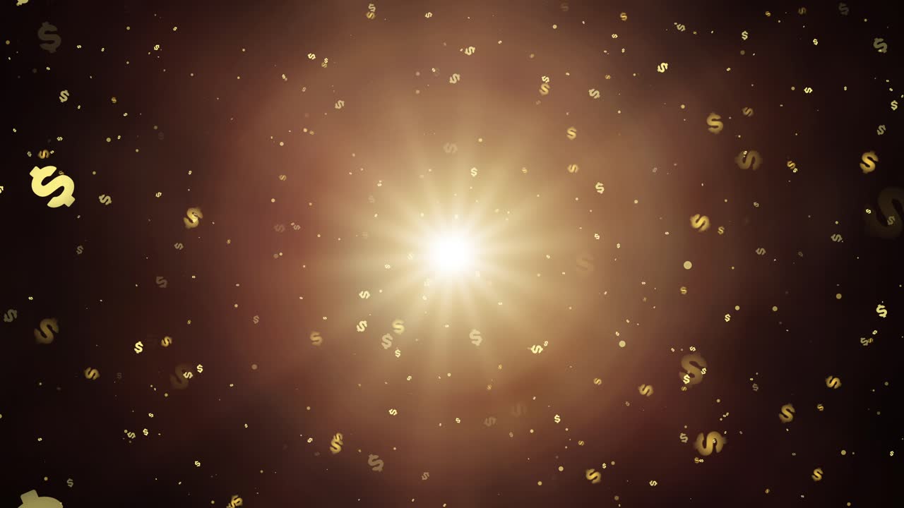 Golden dollar symbols rotate and float in radiant sunlight, symbolizing wealth, finance, and prosperity in a futuristic digital space with shimmering light effects.