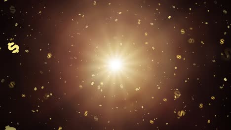 golden dollar symbols rotate and float in radiant sunlight, symbolizing wealth, finance, and prosperity in a futuristic digital space with shimmering light effects.