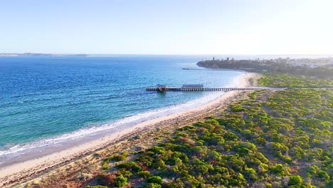 drone footage captures bellarine peninsula's coastline with lush greenery, sandy beaches, and a tranquil pier under bright daylight