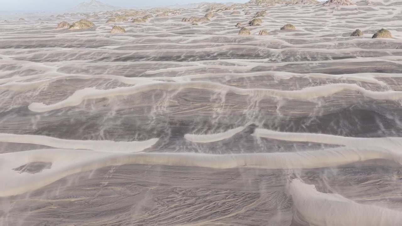 Wind blows sand over wide barren plain with scattered grass tufts in open landscape
