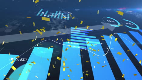 3d bar chart being animated in analytics interface, showing white line graph, golden particles