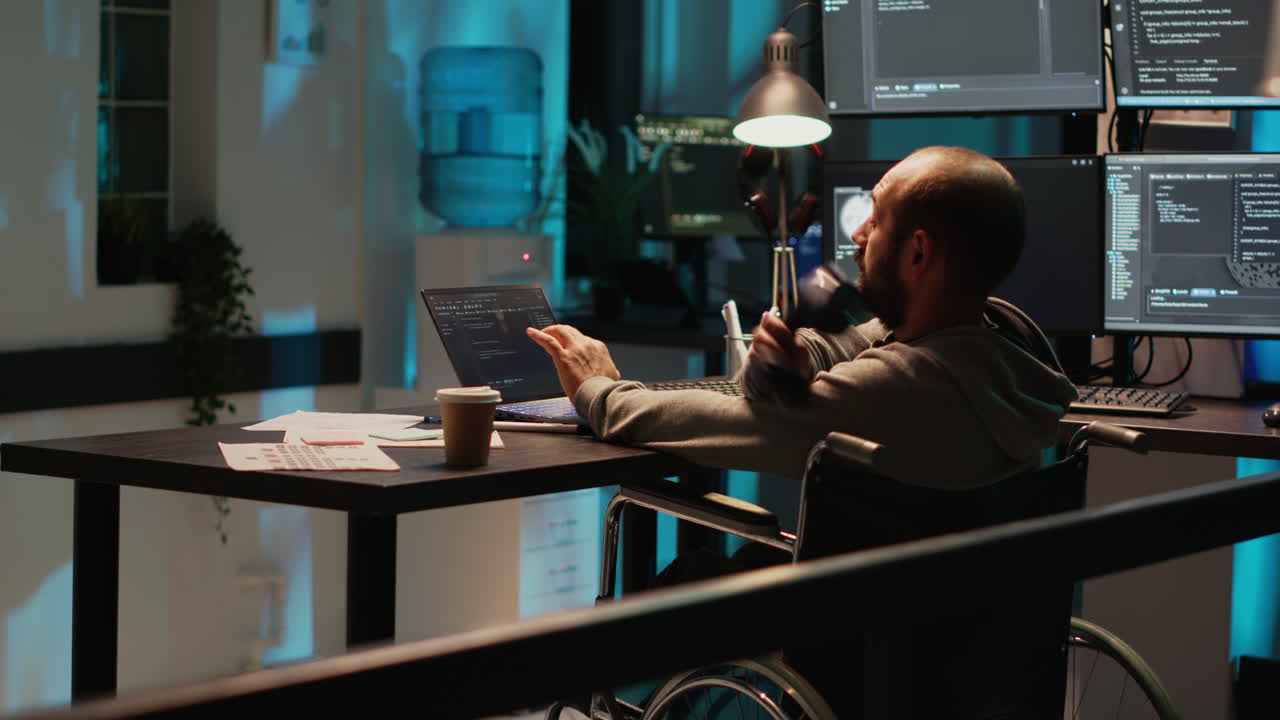 Man in wheelchair working on computer in office
