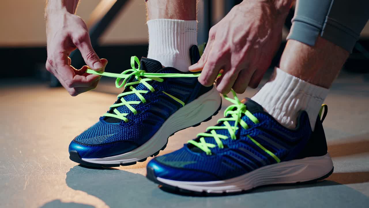 Close-up video of hands tying neon-laced running shoes, capturing the action from a low angle