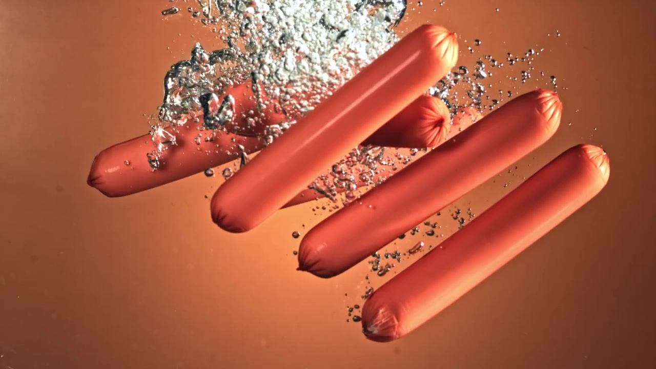 Salsicce rosse che cadono in acqua con bolle al rallentatore