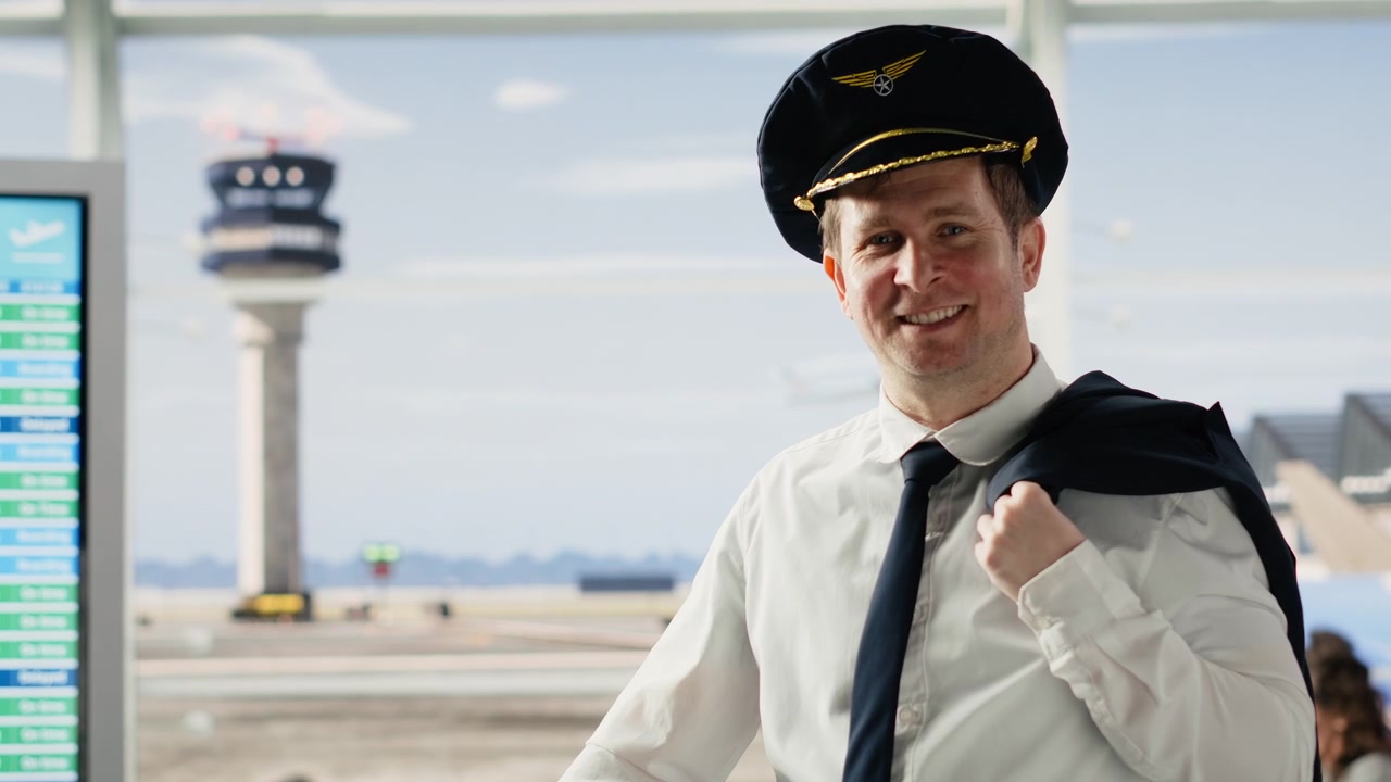 Comandante di volo in uniforme che cammina attraverso un affollato terminal aeroportuale con la valigia