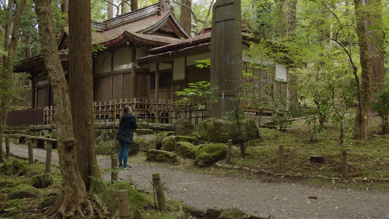 Tourist woman takes photo of mossy stone stele at forest temple, Japan