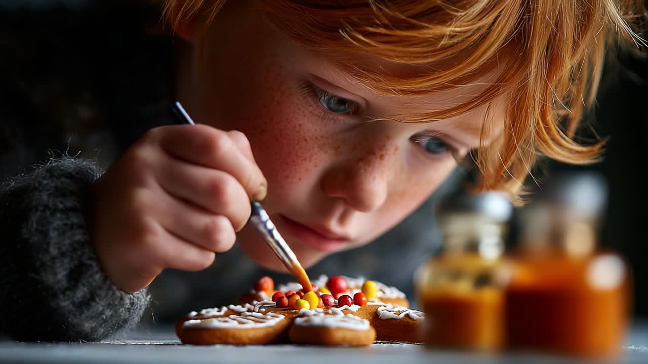 En kreativ, ung kunstner fokuserer intenst på å dekorere fargerike pepperkaker med presisjon, ved hjelp av lyse drops og melis for en festlig godbit, og fremhever gleden ved kulinarisk kunst og håndverk.
