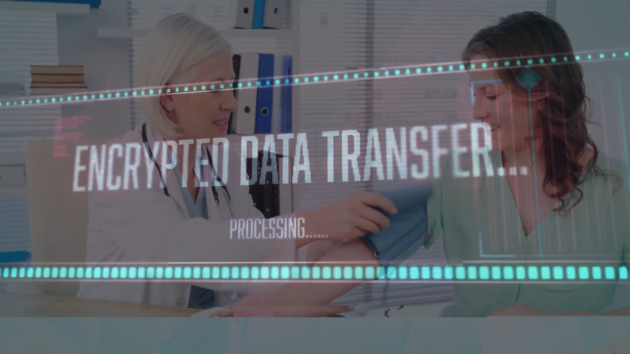 Doctor using stethoscope taking blood pressure reading in clinic, displaying animated data bars