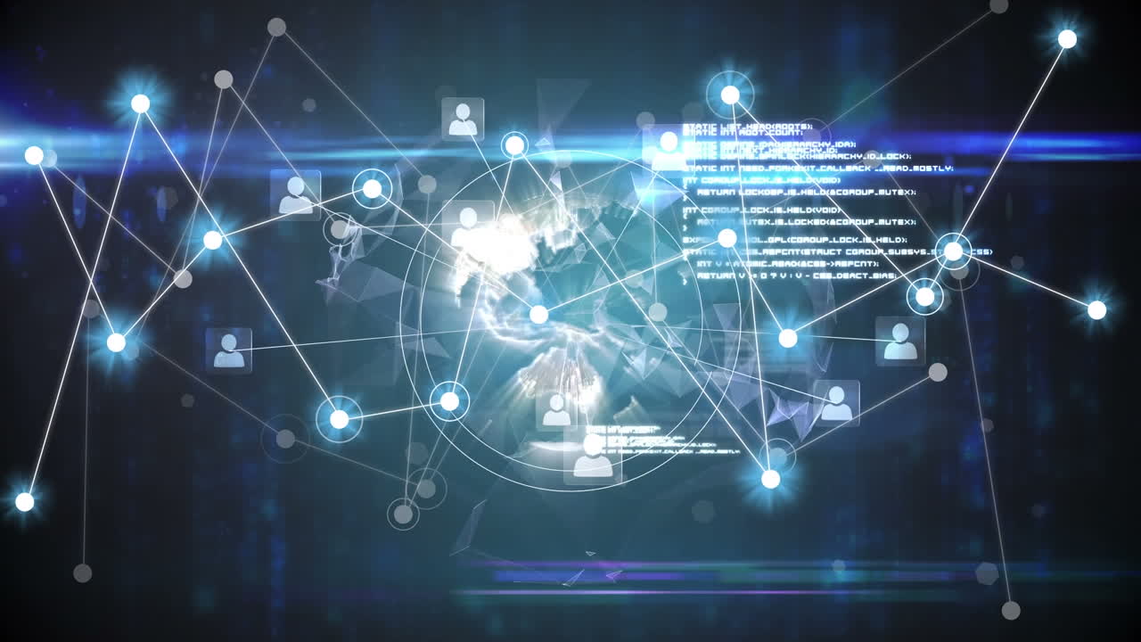 Animation of network of connections with glowing spots over globe and data processing