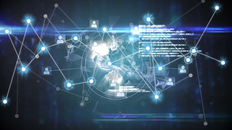 Animation of network of connections with glowing spots over globe and data processing