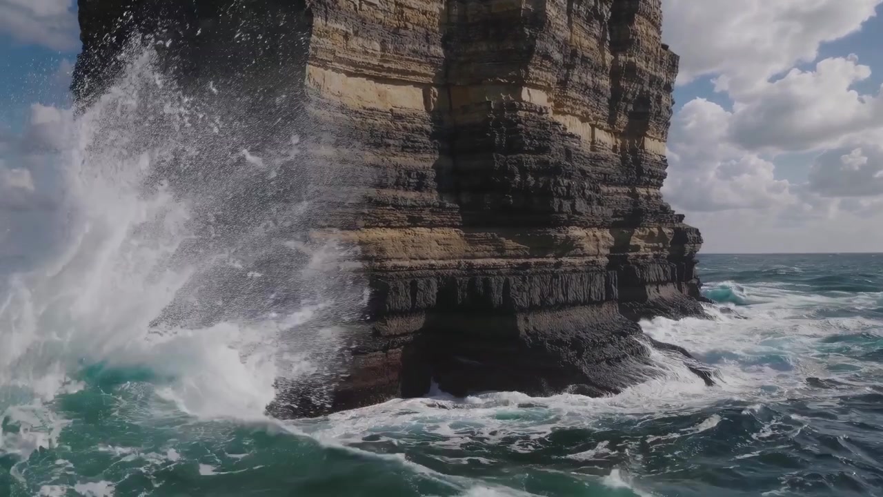 Olas del océano rompiendo contra un alto farallón estratificado
