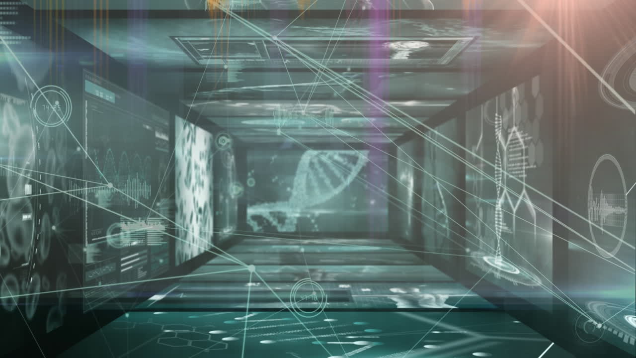 의료 데이터 처리를 가진 화면에 대한 연결 네트워크와 빛 점의 애니메이션