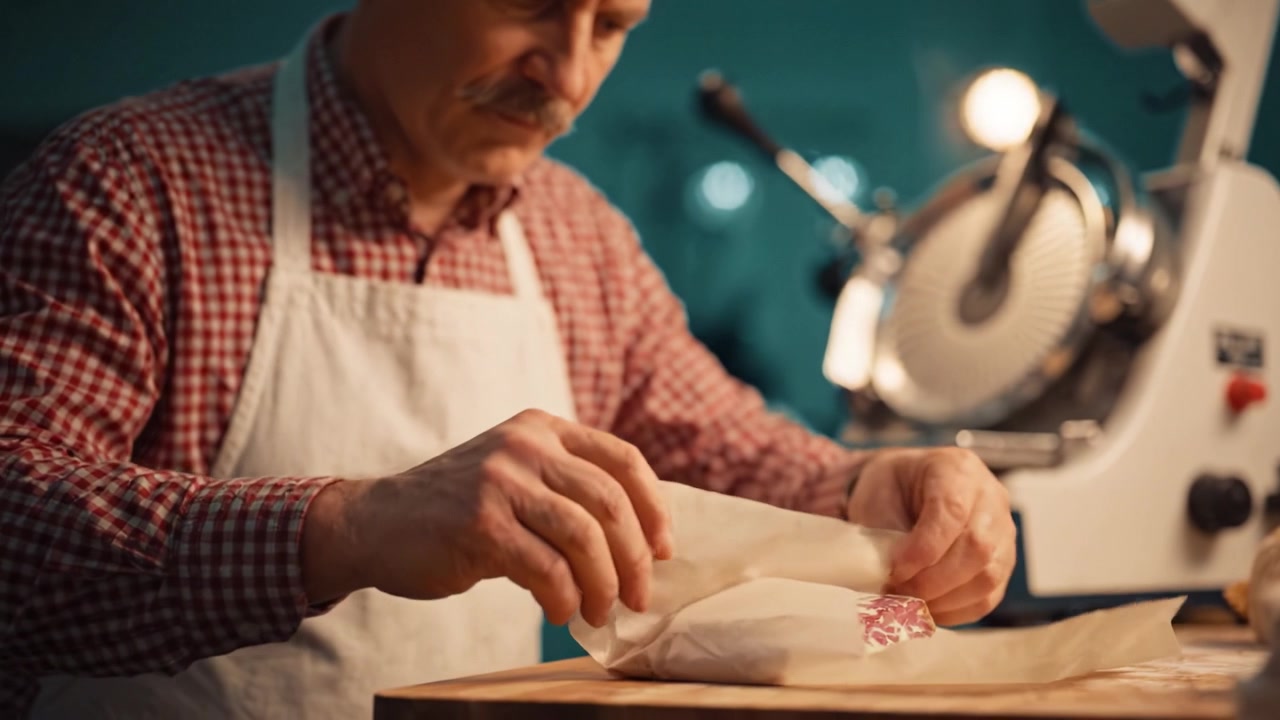 Handwerkskunst in Aktion: Ein geschickter Mann verpackt präzise ein empfindliches Lebensmittel und zeigt seine Hingabe an Qualität und Tradition in der Kochkunst