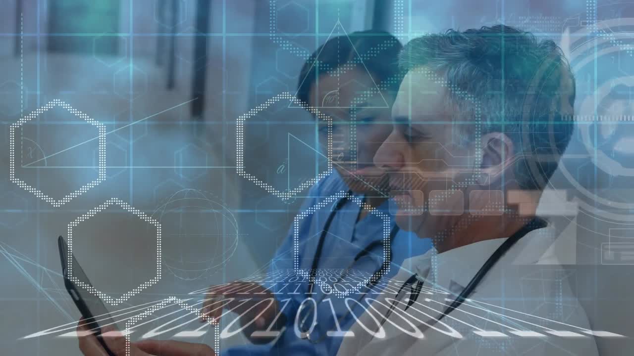 animación del procesamiento de datos de codificación binaria sobre un médico femenino y masculino