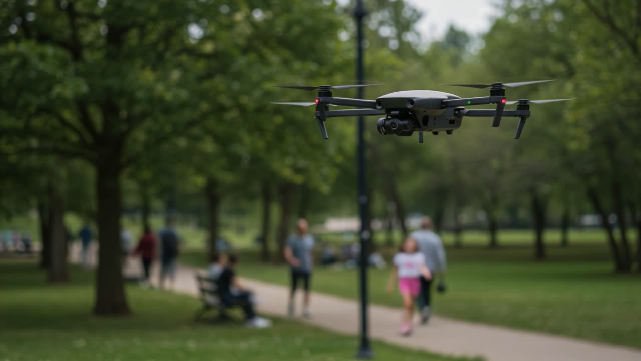 Aerial Perspectives: Capturing a Vibrant Park Scene with a Drone Amidst Leisurely Strollers and Lush Greenery in an Urban Environment