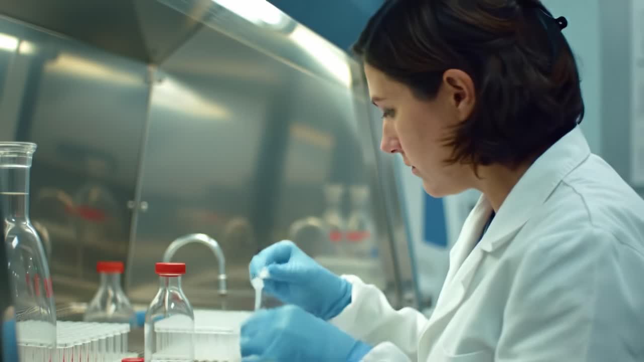 A researcher in a laboratory skillfully handles glass vials and pipettes, demonstrating precise techniques for sample analysis and experimentation.