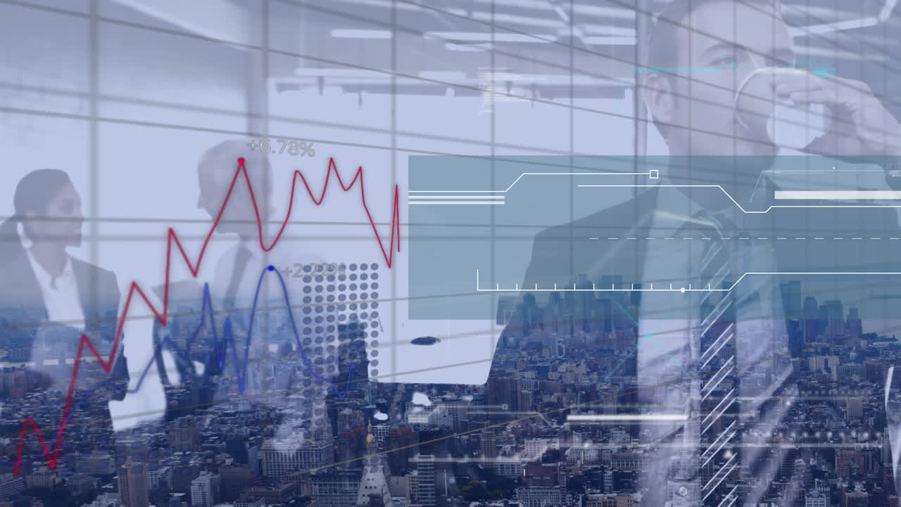 Animation of financial data processing over group of diverse business people in office