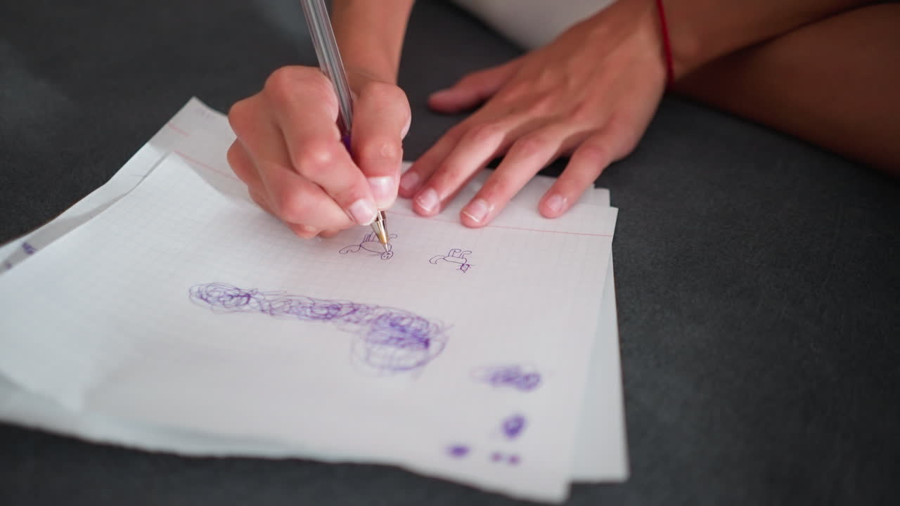 Primer plano de un niño sentado con las piernas cruzadas en un sofá dibujando garabatos creativos con un bolígrafo sobre un papel apoyado en una superficie suave, mostrando una concentración relajada y el movimiento de la mano en un ambiente hogareño informal.