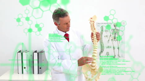 animation of processing data over caucasian male doctor presenting spine