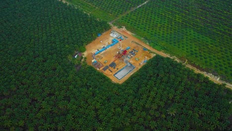 cinematic drone shot of onshore drilling and workover rig structure and rig equipment for oil exploration and exploitation in the middle of jungle surrounded by palm oil trees during sunset time