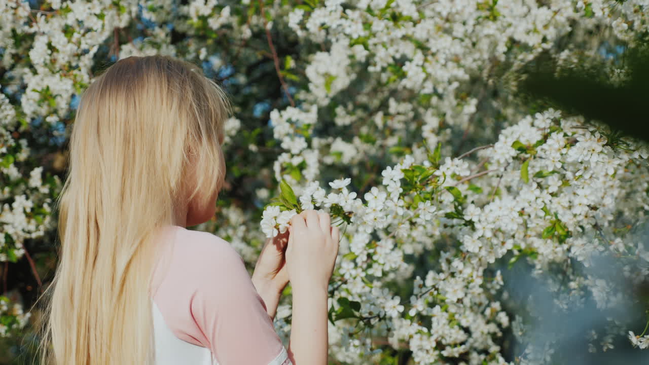 아이는 꽃이 피는 나무를 뒤에서 바라본다