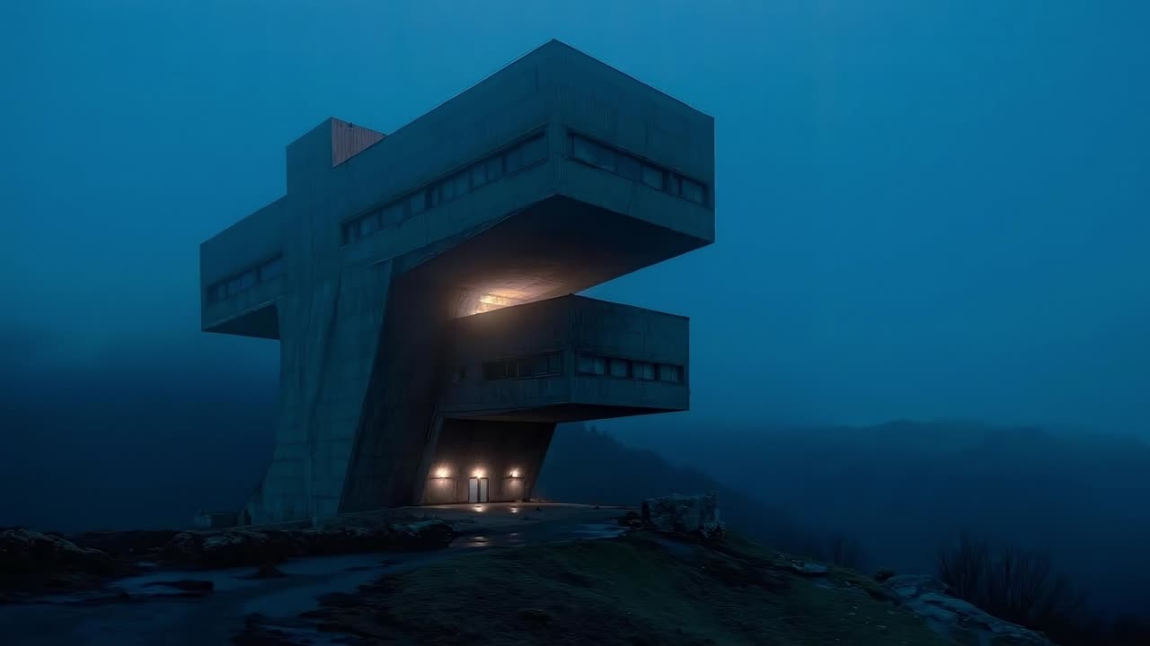 A building on top of a hill at night